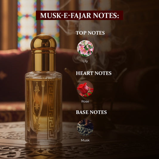 Shop Musk e Fajar Attar Online in Pakistan by Jabeen's & Co, a pure, alcohol-free white musk attar inspired by the calm of Fajr. Soft floral undertones of lily & rose. Ideal for morning prayers, meditation & daily wear. Long-lasting, skin-friendly. Free delivery across Pakistan. Order now. 1